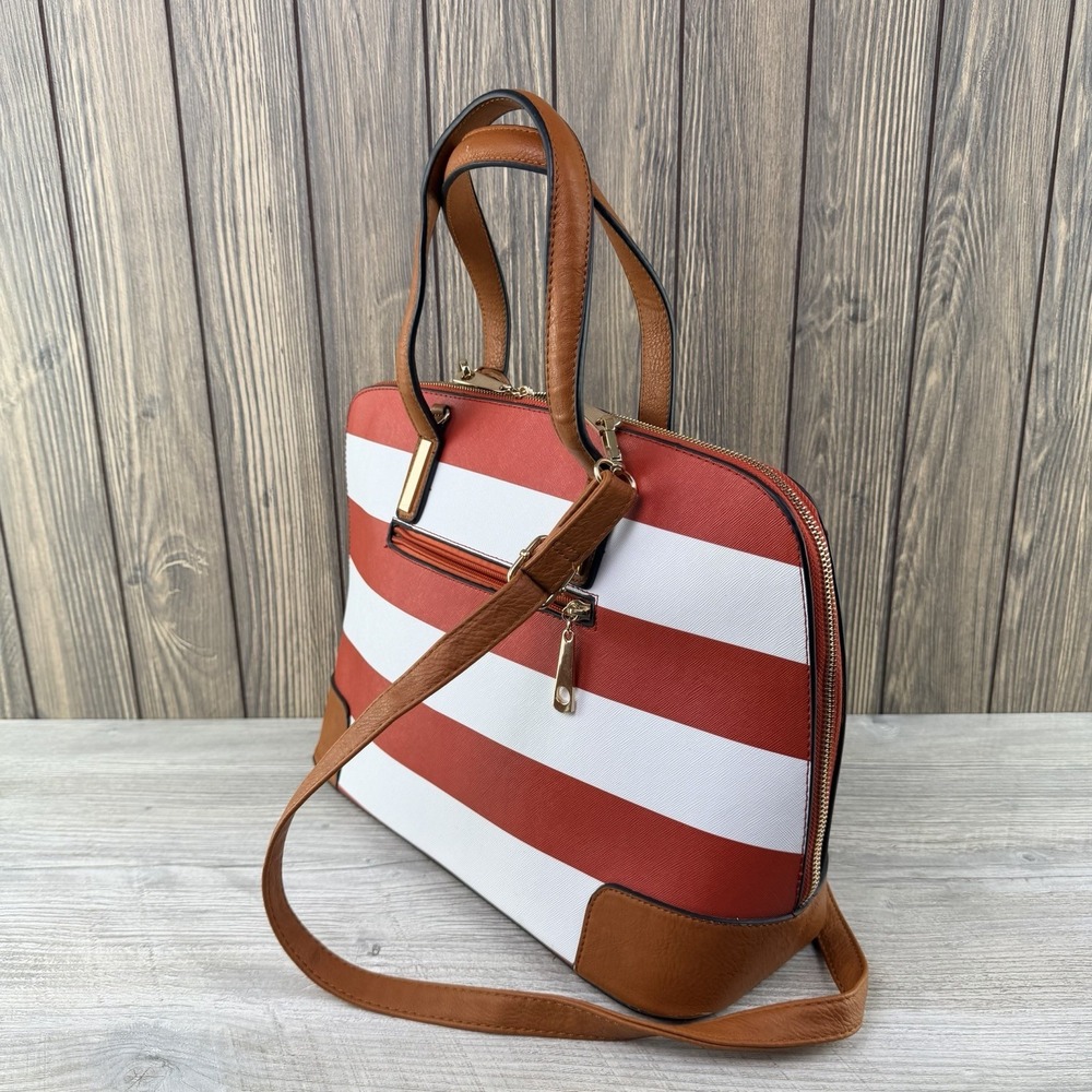 Michael Kors Red White Striped Satchel Crossbody Bag Gold Tone Charm Purse - Picture 7 of 16